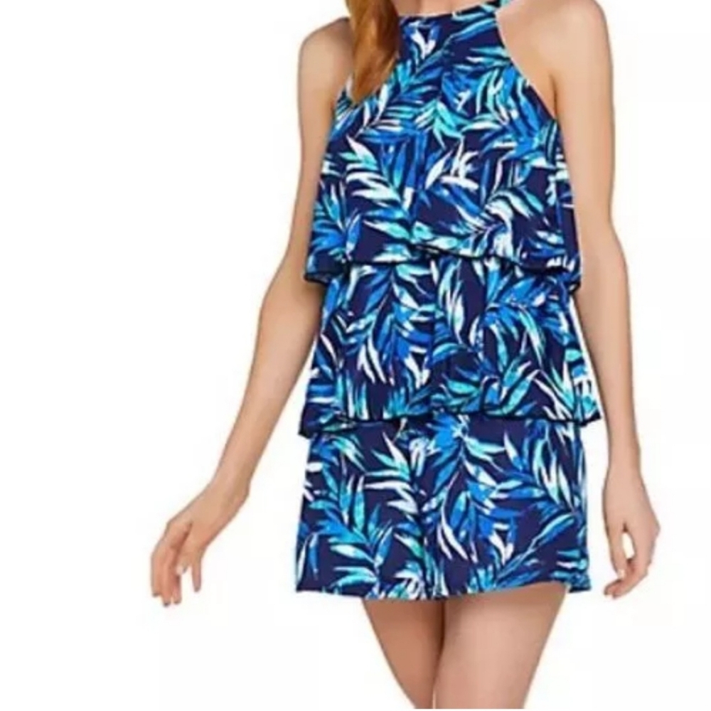 Fit 4 U Women's Hi Neck Double Tiered Romper Swimsuit, size 8, Navy, never worn
